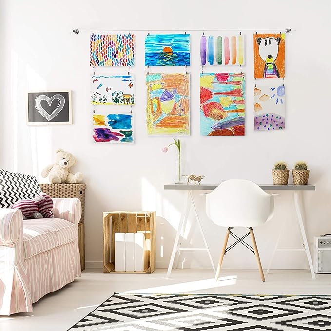 Art Display for Kids Artwork - 10ft Alloy Steel Wire with 48 Clips | Willow & Eva