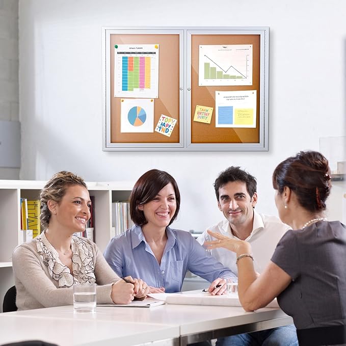 Enclosed Cork Bulletin Board 48"x36" Outdoor Weatherproof Cork Noticeboard with Locking Door Wall-Mounted Silver Aluminium Frame for Home, School, Office, Community, Hospital