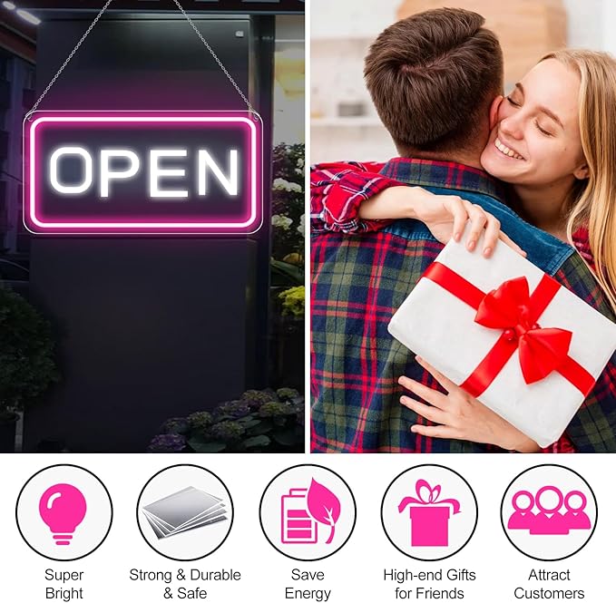 inSharePlus 16"x 9" LED Neon Open Sign for Business, with ON/OFF Switch adapter, Ultra Bright Lighted Sign Open, Electric Light up Sign for Stores, Restaurants Offices Retail Shops Window Storefronts