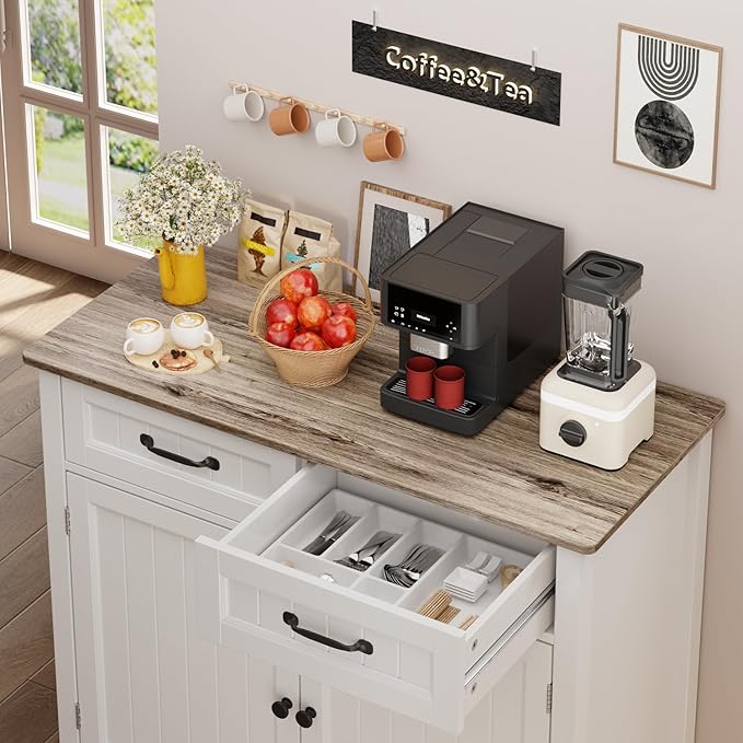Gizoon Kitchen Sideboard Buffet Cabinet, 32'' H Large Kitchen Storage Island and Adjustable Shelf, Modern Coffee Bar Console Cabinet for Dining Room, Bathroom, Entryway, Grey