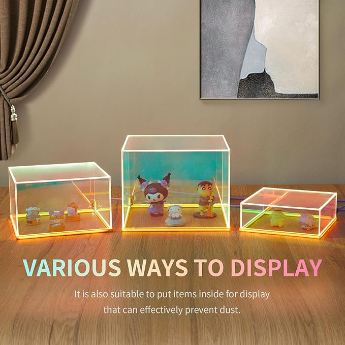 3Pcs Iridescent Acrylic Display Risers with LED light Plug and Play, Stackable Acrylic Cube Boxes Rainbow Display Stand with Hollow Bottom for Figures Jewelry Perfume Purse Food Buffet Riser