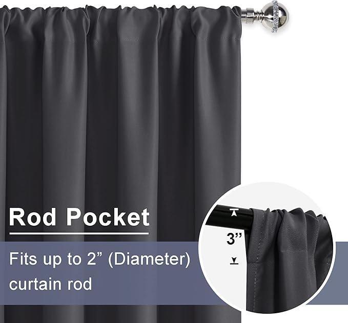JIUZHEN Blackout Curtains for Bedroom - Thermal Insulated Room Darkening Noise Reducing, 52 x 63 Inch Length Curtains for Living Room, Set of 2 Panels with Tiebacks, Dark Grey