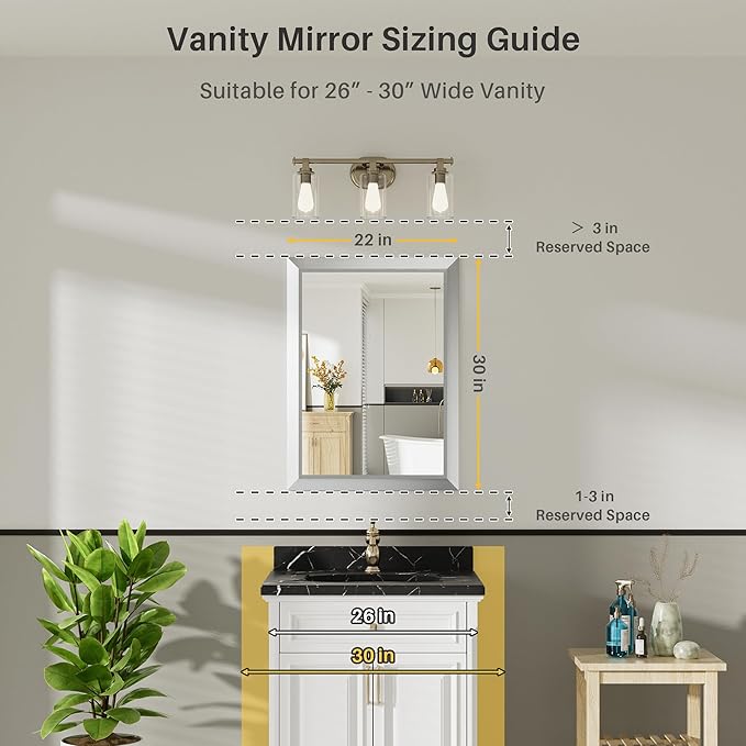 22x30 Inch Brushed Nickel Bathroom Mirror for Wall, Thick Metal Framed Rectangle Mirrors for Over Sink, Bedroom, Living Room, Entryway, Anti-Rust, HD Tempered Glass