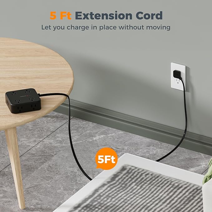 TESSAN Surge Protector Power Strip Black, 5 Ft Flat Plug Extension Cord with 3 USB (1 USB C) 8 Outlets, 900J Surge Protection, 3 Sided Outlet Extender with Power Switch for Office, Dorm Room