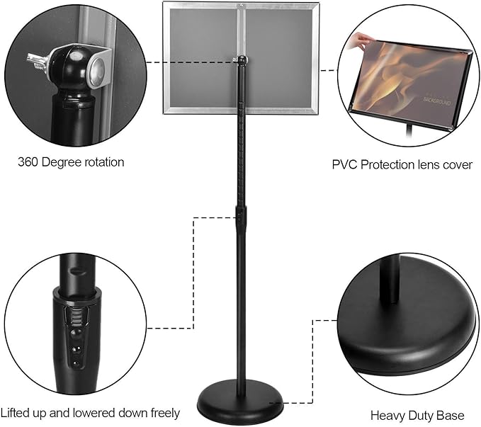 GUOHONG 2 Pack Sign Holder Adjustable Poster Stand Aluminum Snap Open Frame,Standing Floor Sign Stand for 11x17 Inch,Vertical and Horizontal View Sign