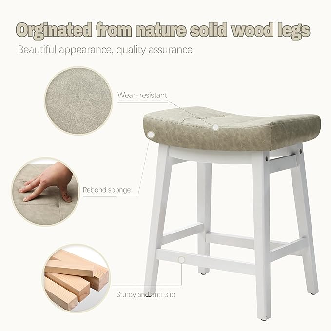 Counter Height Bar Stool Kitchen Counter Modern Backless Barstool with Upholstered Faux Leather Seat and Solid Wood Leg Farmhouse 24 inch Bar Chair, Light Grey + White, 1pc