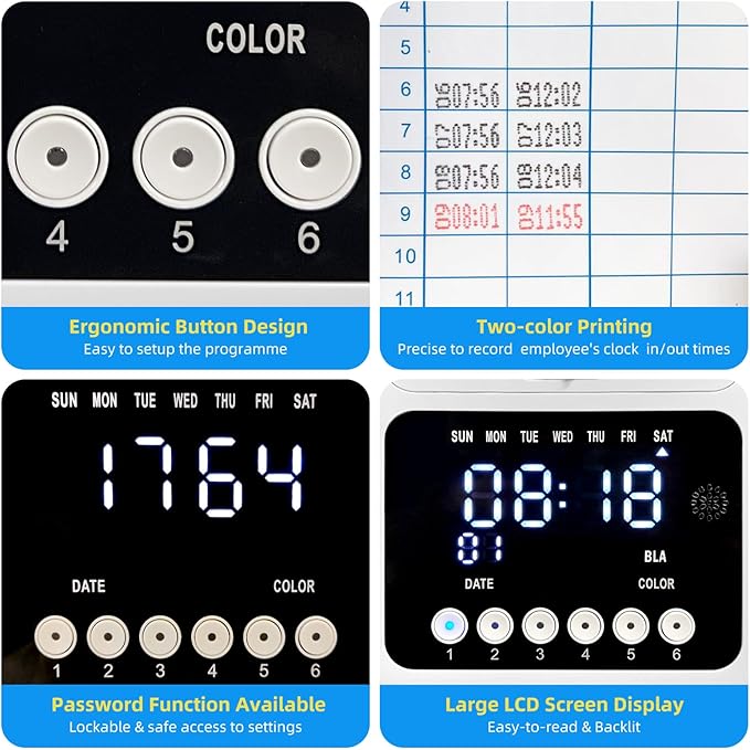 TooCust Time Clock Bundle for Small Business, Passcode Time Clock Punch Machine with 400 Time Cards, 4 Ink Ribbons, 2 Ten-Slot Time Card Racks, Auto-Align Clock in Machine for Employees