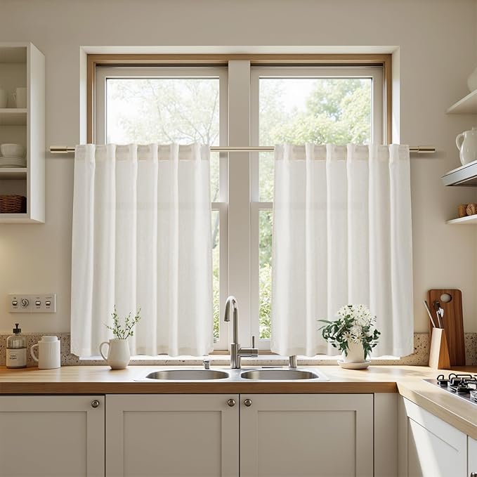 Nanspring Cafe Curtains 36 Inch Length Cream Kitchen Linen Semi Sheer Curtains Light Filtering Small Window Back Tab and Rod Pocket Rustic Farmhouse Curtain for Basement 29 x 36 Inch, 2 Panels