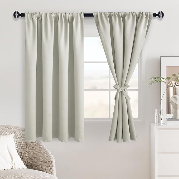 JIUZHEN Blackout Curtains for Bedroom - Thermal Insulated Room Darkening Noise Reducing, 38 x 54 Inch Length Curtains for Living Room, Set of 2 Panels with Tiebacks,Ivory