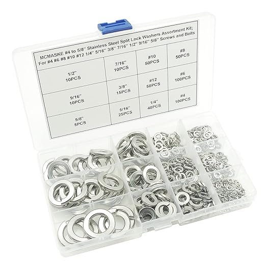 #4 to 5/8 Stainless Steel Split Lock Washers Assortment Kit,for #4#6#8#10#12 1/4" 5/16" 3/8" 7/16" 1/2" 9/16" 5/8" Screws/Bolts