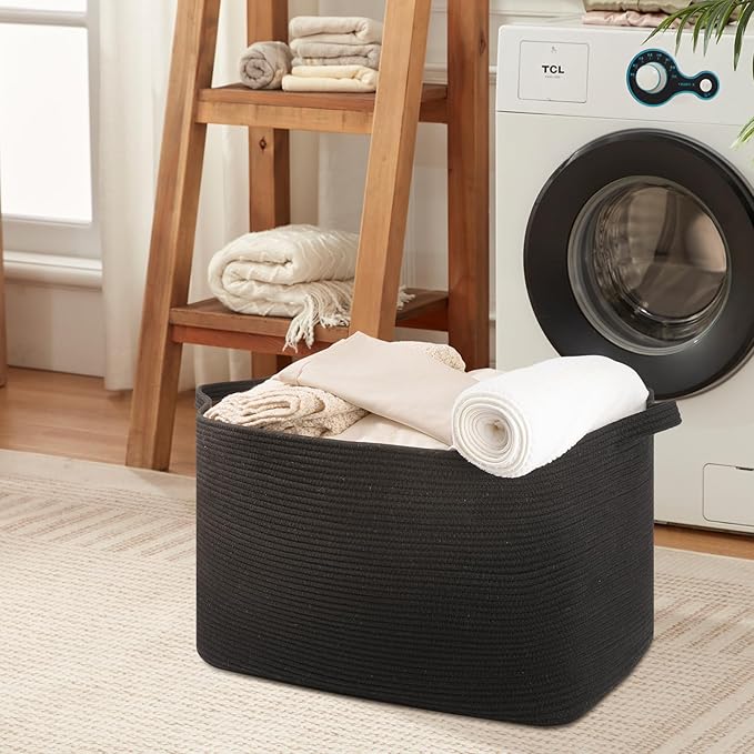 118L Extra Large Blanket Basket, 24.8" x 17.7" x 17.2" Woven Storage Basket for Living Room, Rectangle Nursery Blanket Storage for Toys, Towels, Dirty Clothes (Black)