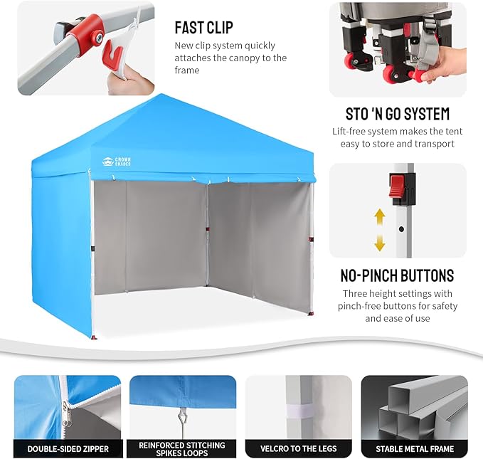 CROWN SHADES 10X10 Comercial Instant Canopy Pop Up Tent with Center Lock, 300D Fabric, 4 Sidewalls, Sto'N Go Bag, Sky Blue