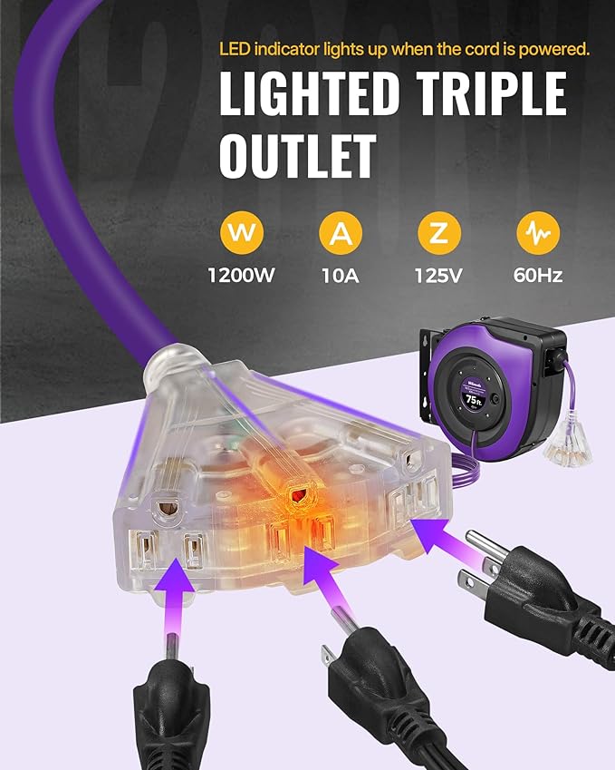 Extension Cord Reel, 75 FT Retractable Extension Cord Reel, 14AWG/3C SJTOW, Lighted Triple, 10A Circuit Breaker, Wall/Ceiling Mounted, Heavy Duty Power Cord, UL Listed, Purple P75CR06