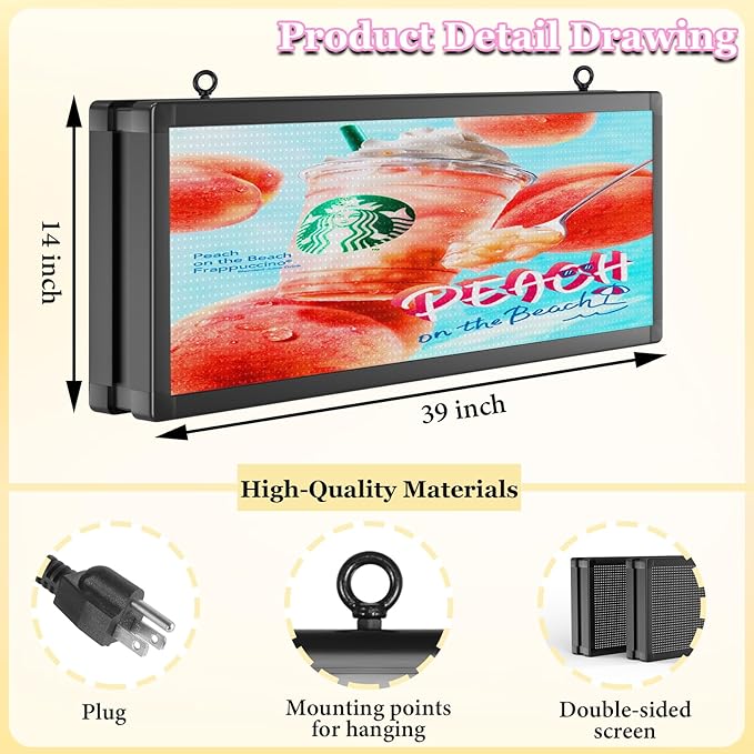 P10 39"x14" Double-Sides LED Advertising Sign Outdoor Digital Billboard with High Brightness, WiFi Programmable for Stores, HD Image/Text Display, Weatherproof & Energy Efficient