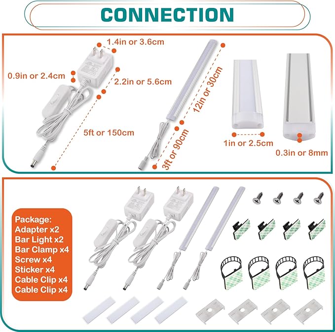 Under Cabinet LED Light Bar 12", Single Closet Light for Kitchen Counter Shelf Cupboard, Display Cases Back Lighting, 120V Wall Plug in, On Off Switch, 2 Light Bars, White Wires, Daylight