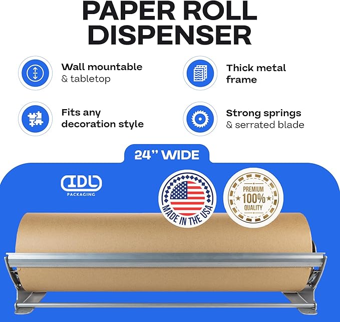 IDL Packaging 24" Kraft Paper Roll Dispenser & Cutter for Rolls up to 24" Wide and 9" in Diameter – Tabletop Reinforced Steel Paper Holder with a Cutter – for Kraft and Butcher Paper