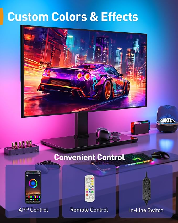 Perlegear Universal Swivel TV Stand with LED Lights for 32–70 inch TVs, Height Adjustable Table Top TV Stand with Tilt, Tempered Glass Base, Holds up to 88 lbs, Max VESA 400x400mm, PGTVS32B