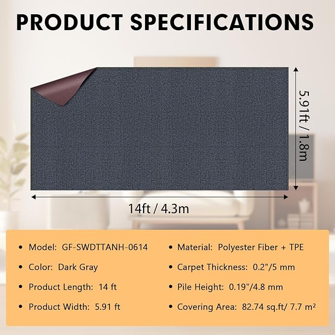 Marine Carpet,6 FT x 14 FT Dark Gray Indoor Outdoor Carpet 0.2" Thick Boat Carpet with Water-Proof TPE Backing, Non-Slide Outdoor Marine Carpet Roll for Home, Patio, Porch, Deck