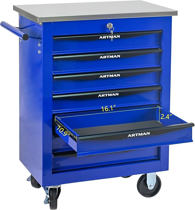 7-Drawer Heavy-Duty Rolling Tool Chest with Wheels & Steel Roof, Lockable Tool Chest Storage Cabinet for Garage, Workshop, Warehouse, and Repair Shop