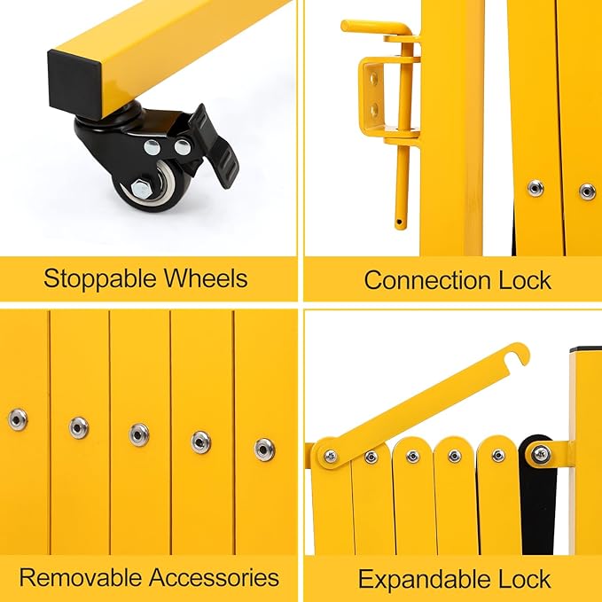 Expandable Metal Barricade Gate, 11FT Folding Security Gate with Wheels, Heavy-Duty Expandable Mobile Barricade for Construction Site, Industrial Traffic Control, Crowd Management & Garage Safety