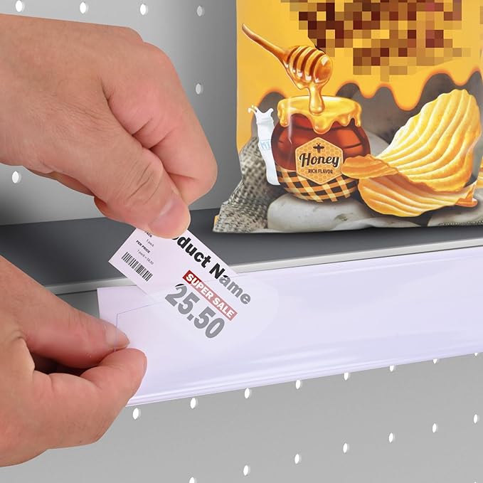 Shelf Label Strips, Pro Painter 50 Pack Self Adhesive 1.5”H Shelf Strip Price Tag Holder for Plastic, Metal and Wood Gondola Shelf, Clear Plastic Front/White Back Sign Holder for 48” Long Shelf