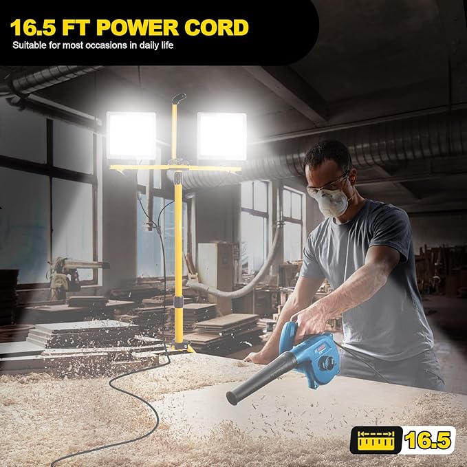 21000 Lumen LED Work Light with Stand, 2-Head Adjustable Lights with 16.5FT Extended Cord, IP65 Waterproof Work Lamp for Indoor & Outdoor Job Sites, Workshops, Construction, Garage Lighting