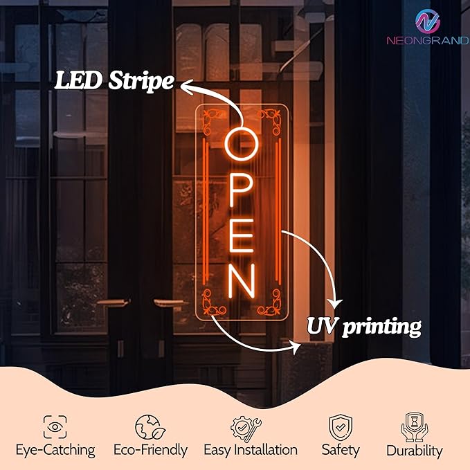 Vertical LED Open Signs for business – Super Bright - UV Printing Pattern, Remote Included - Large Size 20x50'' - Neon Open Sign for Café, Bar, Shop & Business Sign (Orange)