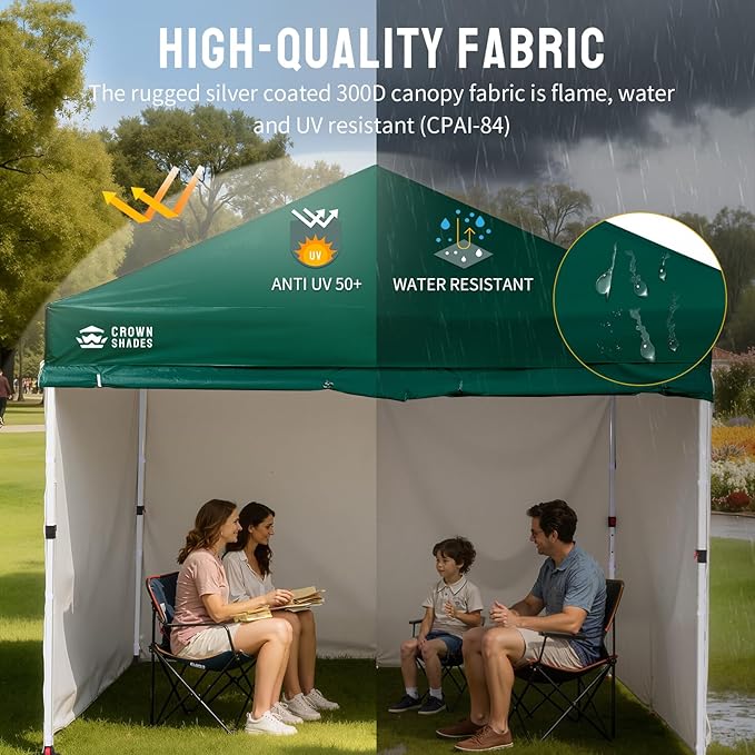 CROWN SHADES 10X10 Comercial Instant Canopy Pop Up Tent with Center Lock, 300D Fabric, 4 Sidewalls, Sto'N Go Bag, Forest Green