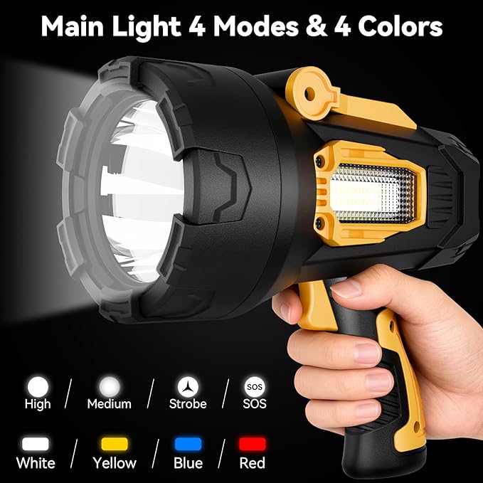 Rechargeable Spotlight Flashlight, 99,000 Lumens Super Bright LED Spotlight with COB Light & Foldable Tripod, 10000ɱAh 30H Long Lasting Large Handheld Spot Light for Huŋting Boating Camping