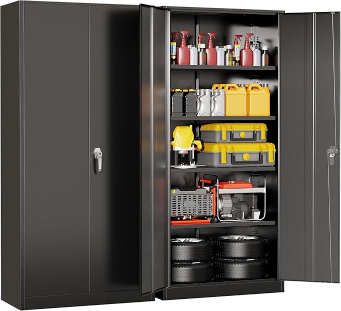 Superday Metal Storage Cabinet with Lock, 72" H Garage Storage Cabinet with Doors and 4 Adjustable Shelves, Black Steel Locking Cabinets for Office, Home, Garage, Gym, School