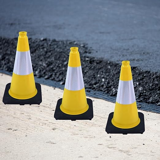 4 Pack 18 Inch Yellow PVC Safety Cones Black Base Stable, Perfect for Parking Practice, Driving School, Construction and Outdoor Sports (4, Yellow, 18 Inch)