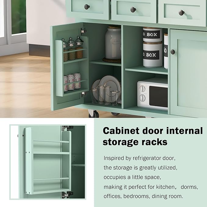 Yayzy Rolling Kitchen Island with Drop Leaf & Cabinet Door Storage Racks, 53” Kitchen Cart with 3 Drawers, Rubberwood Top, Locking Wheels, for Kitchen and Dining Room, Mint Green