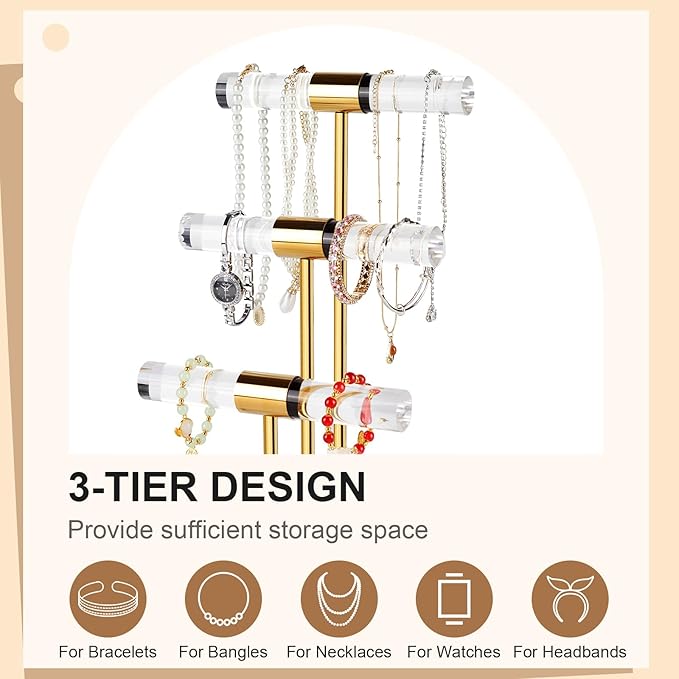 3-Tier Necklace Holder Bracelet Holder, Gold Acrylic Jewelry Display Stand Crystal T Bar Jewelry Organizer Gift for Women