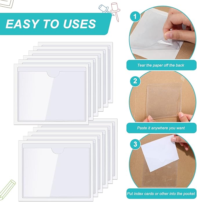 Chinco 50 Pack Clear Adhesive Pockets, Labels for Storage Bins, Plastic Self Adhesive Index Card Holder with Top Open for Organizing Bins Box Drawer(3.6 x 4.8 Inches)