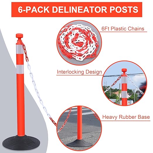 OrangeStar 6 Packs Traffic Delineator Post Cones, 40" Safety Barrier with 6.6 Ft Link Plastic Chains, Crowd Control Stanchion Sets w/Rubber Base for Parking Lot, Road Work, Queue Management, Red