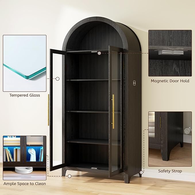 Vlsrka 71" Arched Display Cabinet with Glass Doors, Curio Cabinet with LED Light & Human Sensor, 5-Tier Display Cases for Collectibles, Storage Cabinet with Ajustable Shelf for Living Room(Black)