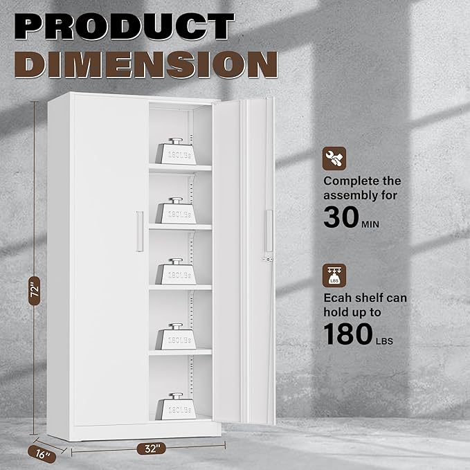 Incbruce 72” Metal Storage Cabinet, Locking Tall Steel Storage Cabinet with 2 Doors and 4 Adjustable Shelves for Garage, Home, Office (White)