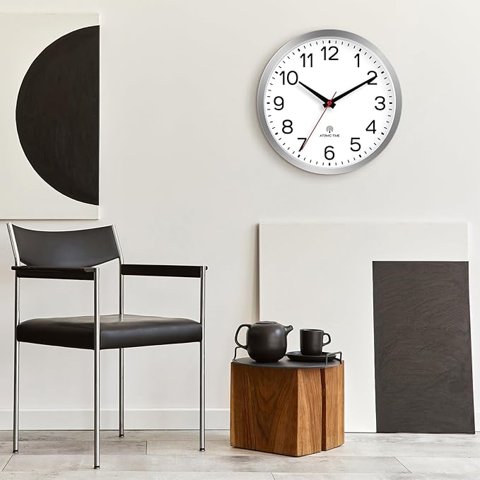 AKCISOT Atomic 10 Inch Wall Clock Analog Clocks for Indoor Kitchen, Battery Operated Clock for Bedroom Office Classroom Living Room(Silver)