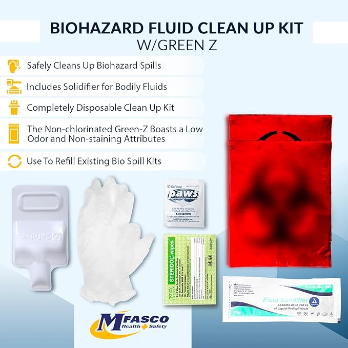 MFASCO Bloodborne Pathogens Spill Kit - Cleaning Bag, Disposable Vomit Clean Up Kit for Restaurants, Safety for Bodily Fluids, Blood, Latex Free, First Aid, Non-Chlorinated Fluid Urine Solidifier