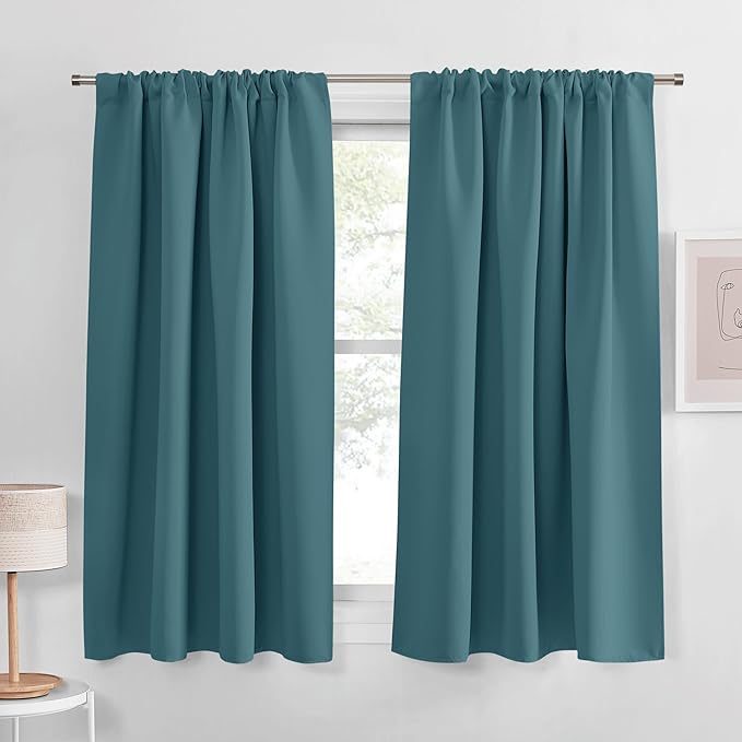 PONY DANCE Slate Blue 45 inch Length Curtains - Room Darkening Kitchen Solid Thermal Draperies Rod Pocket Short Panels Drapes for Bedroom Window Treatments, 42 W by 45-inch L, Slateblue, 2 PCs
