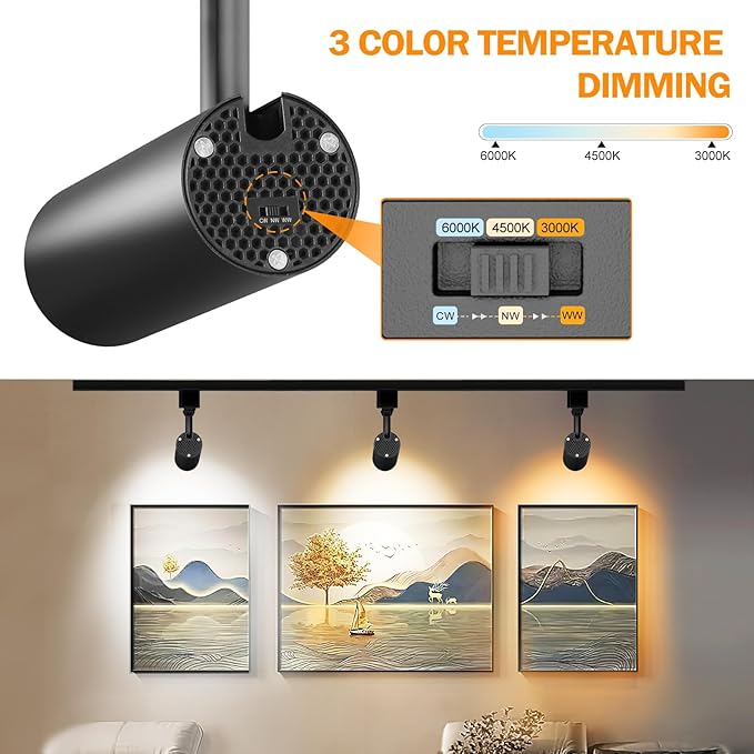 3-Color LED Track Lighting Heads,20W Dimmable H Type Track Lighting fixtures,3000K-4500K-6000K Adjustable Track Lights Ceiling Spotlight,for Living Room Art Accent Lighting,2000lm 3 Pack Black