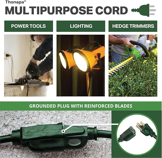 Weatherproof Outdoor Extension Cord 75 ft, 16/3 SJTW 75ft Green Extension Cord 3 Prong, Long for Outdoor Lights & Landscaping, UL Certified - US Veteran Owned