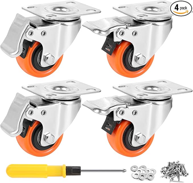 W B D WEIBIDA 2" Plate Caster Wheels Heavy Duty 600 Lbs Load Capacity Swivel Casters with Brake Set of 4, Safety Dual Locking, No Noise Wheels for Furniture, Carts (Screws and Screwdriver)