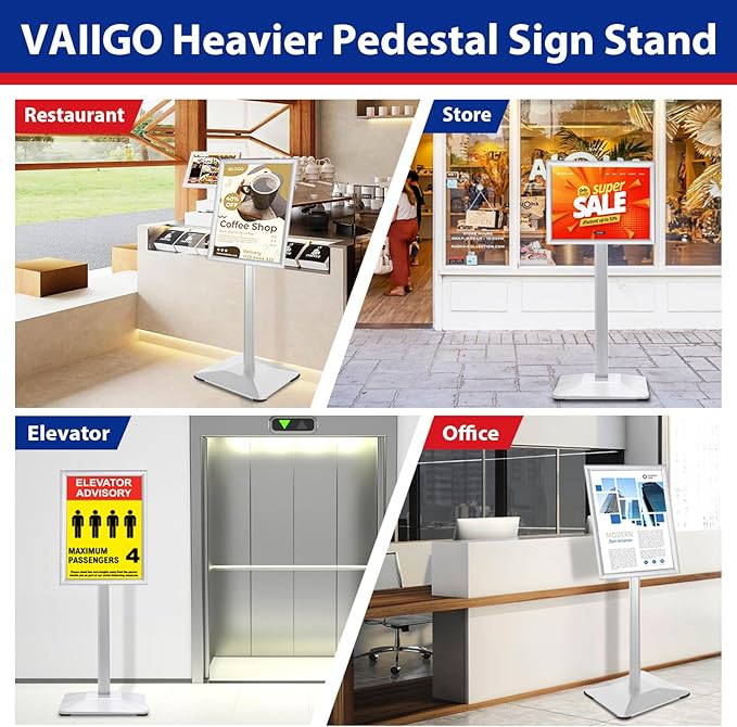 Pedestal Sign Holder 11x17inch Adjustable Floor Stand With Heavy Base & Snap Frame Display for Indoor Outdoor Business Store Poster (Silver)