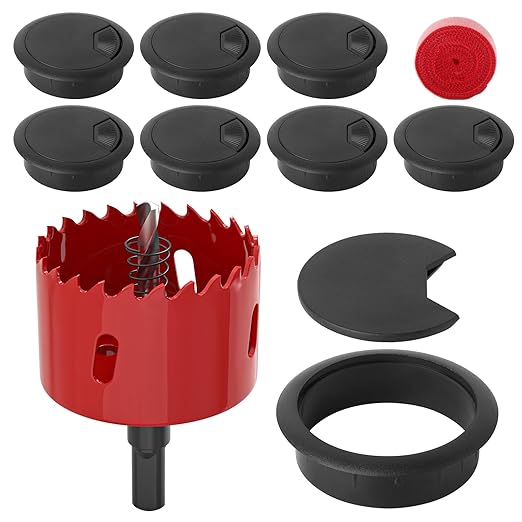 8Pcs 2-3/8" (60 mm) Black Desk Grommet, Plastic Grommet with Hole Saw, Desk Wire Grommet with Hook and Loop Tape