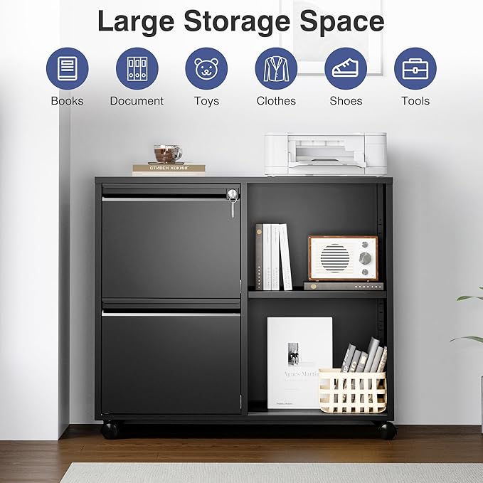 Mobile Lateral File Cabinet,2 Drawer Filing Cabinet with Lock fits A4/F4 or Letter Size for Home Office,Metal Rolling Printer Stand with Open Storage Adjustable Shelves(Black)