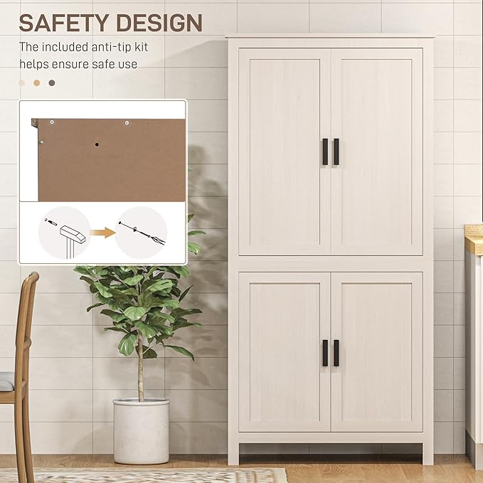 HOMCOM 64" Kitchen Pantry Cabinet, Freestanding Storage Cabinet with 4 Doors and 3 Adjustable Shelves for Dining Room, Antique White