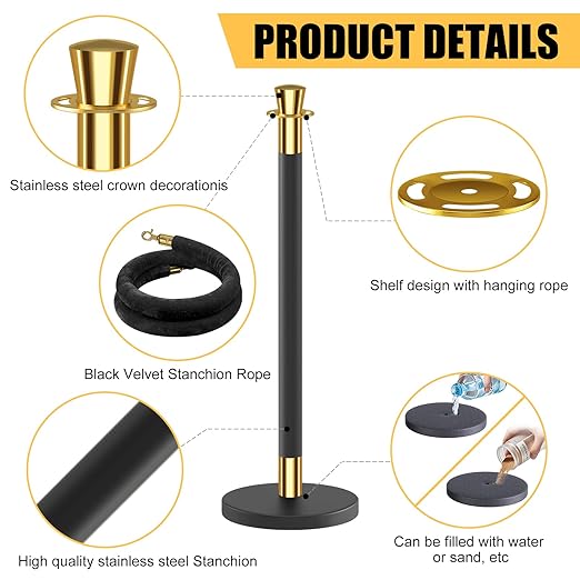 kaiyomi 8Pcs Stanchions with Black Velvet Ropes Set, 5 Feet Velvet Ropes and Posts Poles for Red Carpet Party Decoration and 360° Photo Booth (Golden & Black)