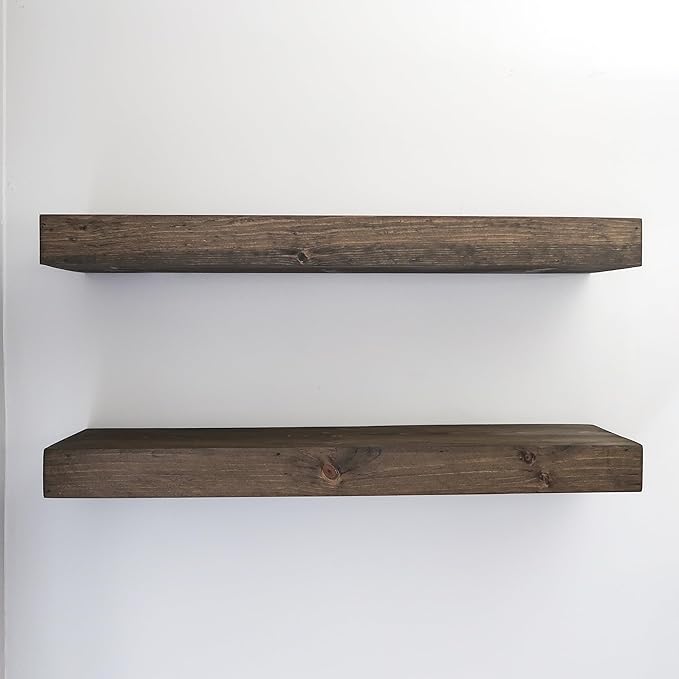Urbandi Modern Floating Shelves 3 Inches Thick for Wall, Wide Shelves for Kitchen, Living Room, Bedroom, and Bathroom, Natural Pine Wood, Rustic Wooden Shelf, (Set of 2) (Jacobean, 24Lx3Hx6D)
