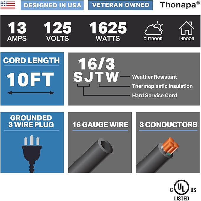 13 Amp Outdoor Extension Cord 10 ft, 16/3 SJTW 10 Foot Black Extension Cord 3 Prong, Weatherproof Exterior Power Cable for Outside Lights & Lawn, UL Certified - US Veteran Owned